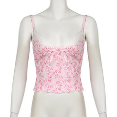 V neck bowknot lace hem ruffle print cami top