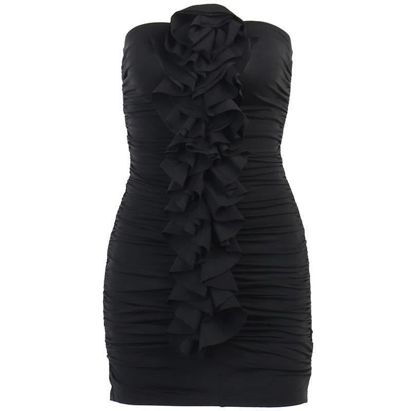 Solid ruched ruffle flower applique backless tube mini dress  | red tango dress