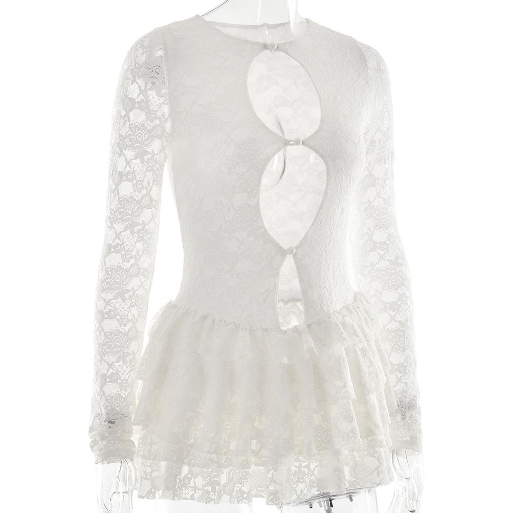 Long sleeve lace hollow out ruffle mini dress