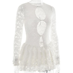 Long sleeve lace hollow out ruffle mini dress