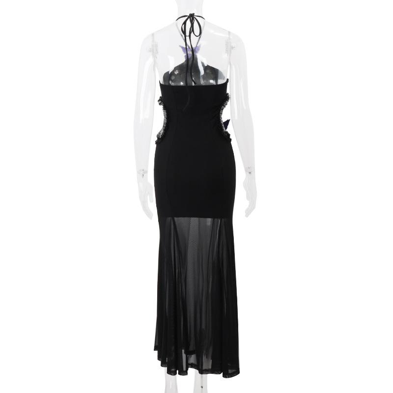 Halter butterfly applique hollow out mesh maxi dress