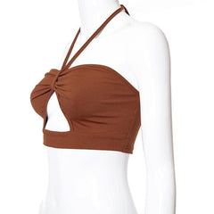 Hollow out ruched halter ribbed crop cut out top