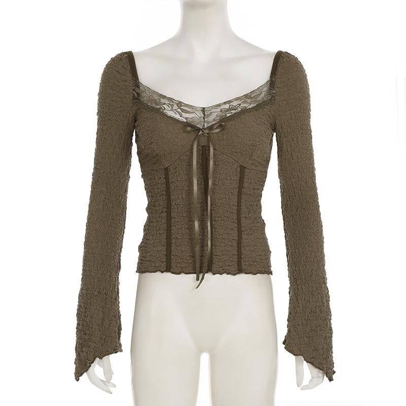 Long sleeve textured bowknot lace hem top