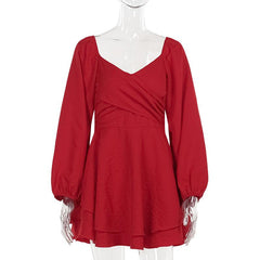 V neck long sleeve ruched solid mini dress  | red tango dress