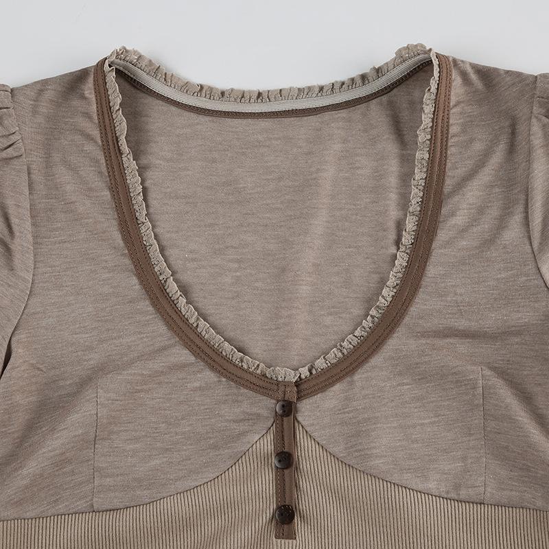 Short puff sleeve button stitch ruffle ribbed top