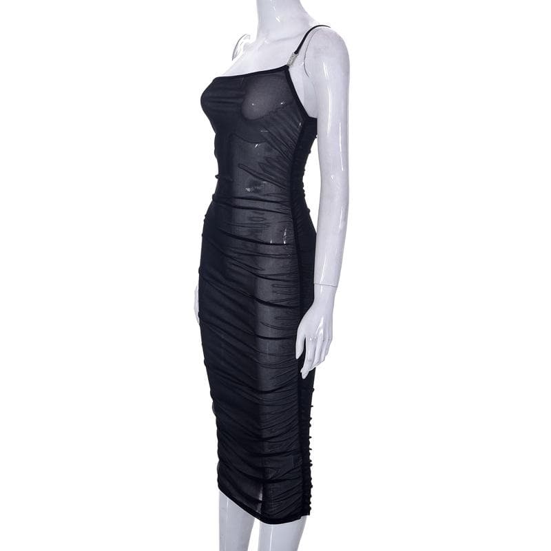 Sheer mesh see through one shoulder ruched irregular midi dress  | samba dress