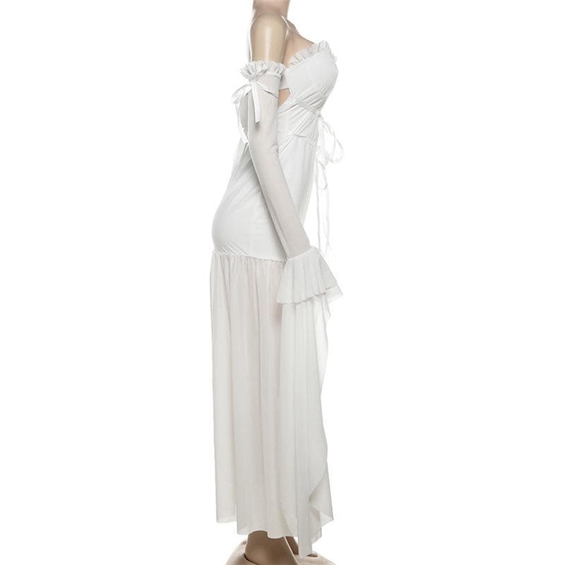 Long flared sleeve off shoulder rose applique maxi dress
