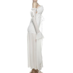 Long flared sleeve off shoulder rose applique maxi dress
