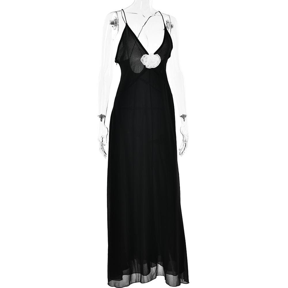 Flower applique v neck ruched zip-up cross back maxi dress  | black rave dress  | black rave dress