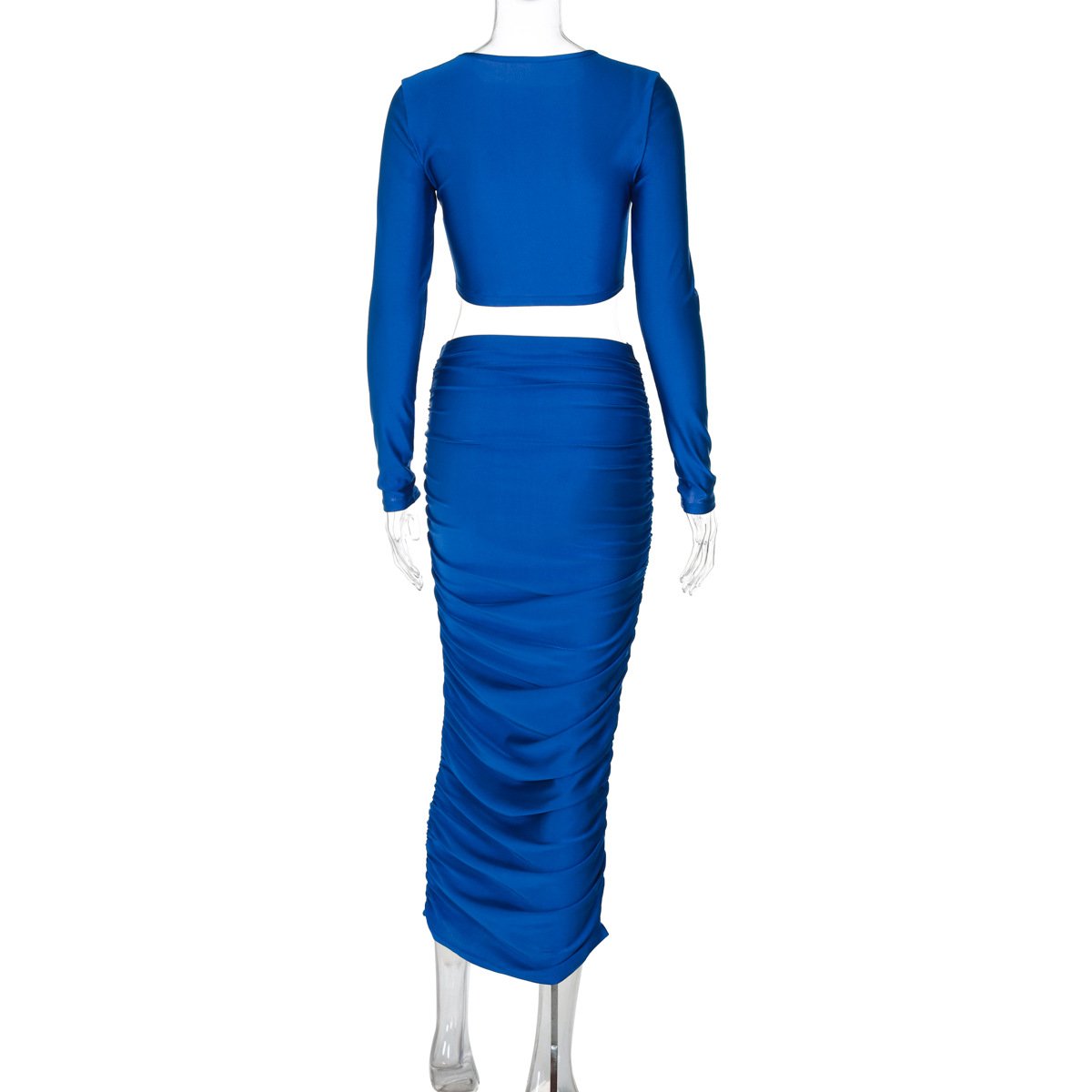 Long sleeve crewneck ruched crop maxi skirt set
