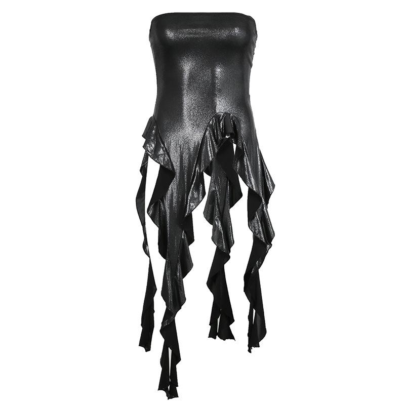 PU leather ruffle irregular tube top