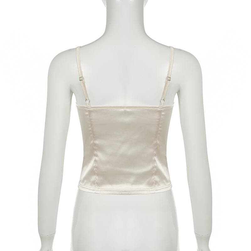 Satin lace hem stitch bustier bowknot solid cami top