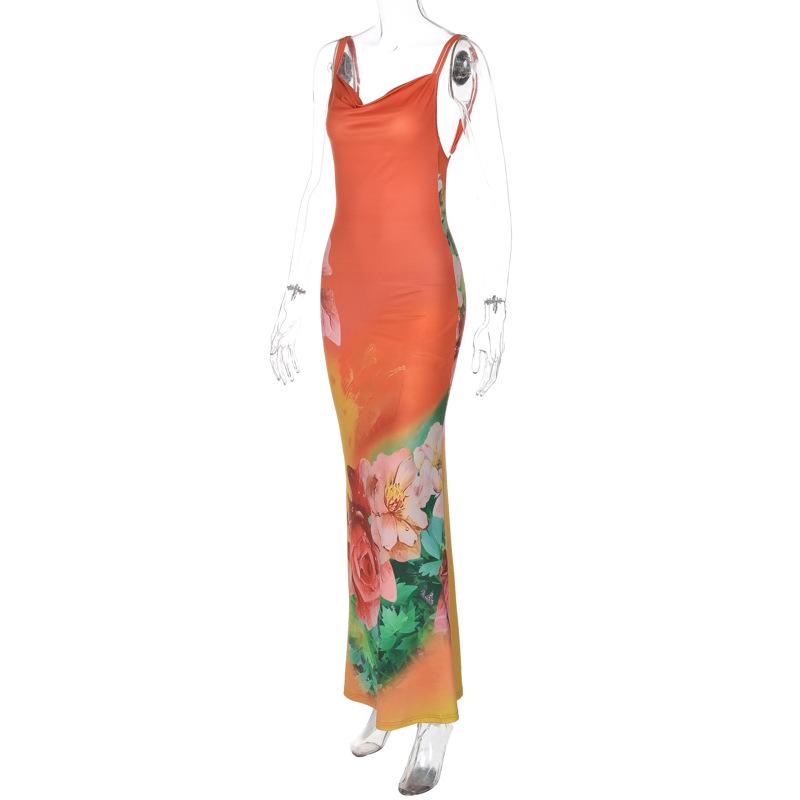Cowl neck flower print backless cami maxi dress