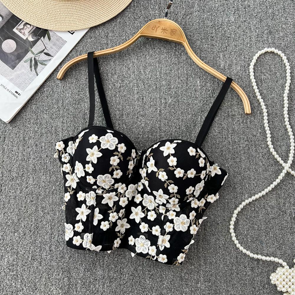 Embroidery padded bustier flower applique cami top