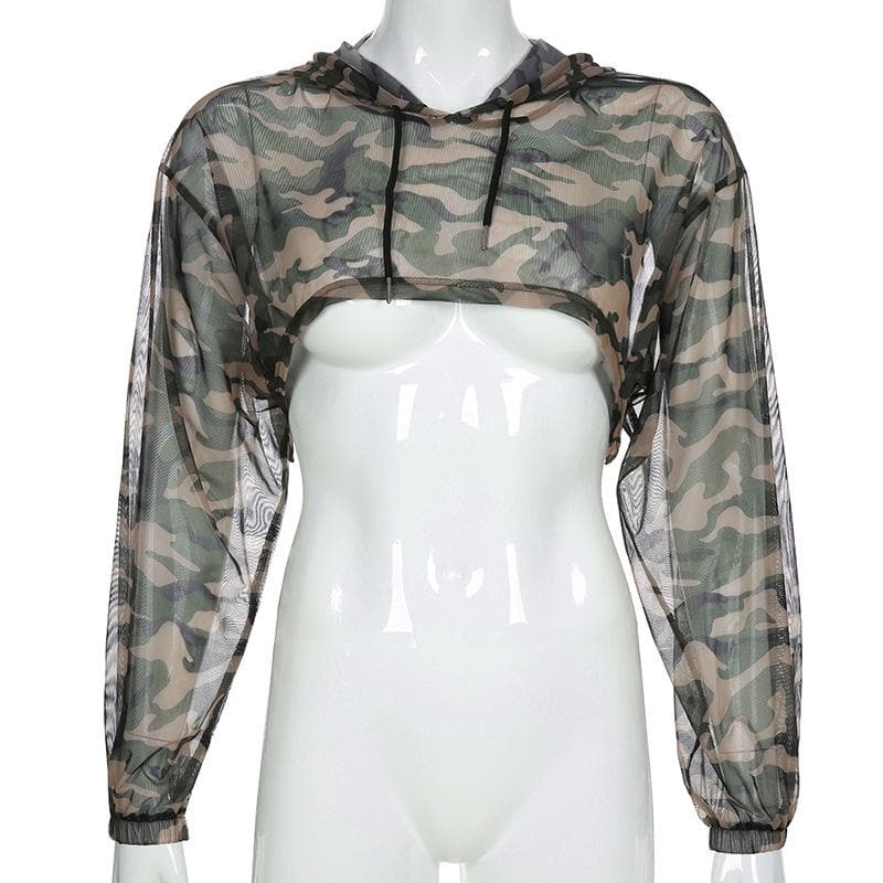 Sheer mesh drawstring long sleeve camouflage hoodie smock