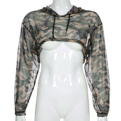 Sheer mesh drawstring long sleeve camouflage hoodie smock