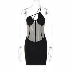 Mesh patchwork hollow out corset one shoulder irregular backless mini dress