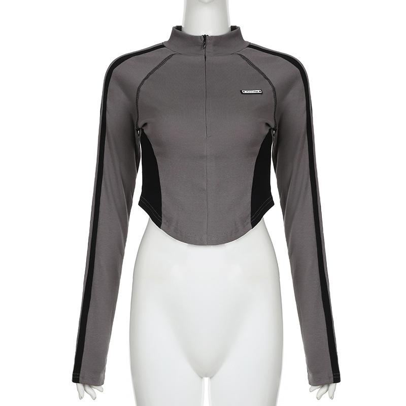 High neck long sleeve tag zip-up top