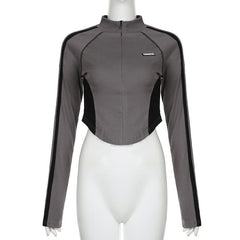 High neck long sleeve tag zip-up top