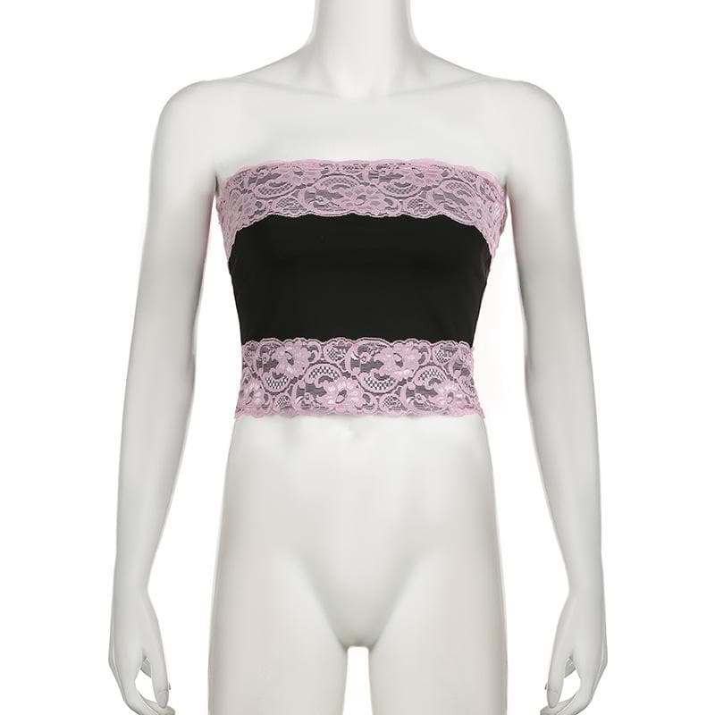 Lace patchwork contrast backless tube top