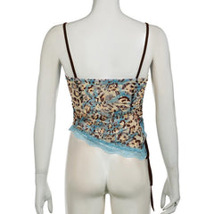 Lace leopard print irregular knotted cami top