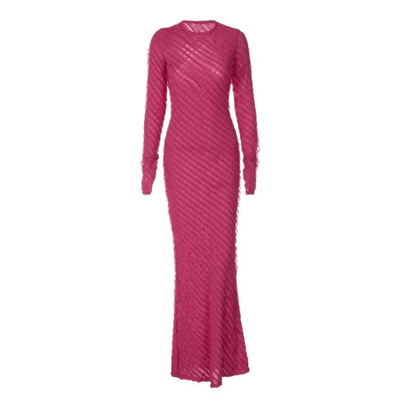 Textured long sleeve crewneck ruffle solid maxi dress  | red tango dress