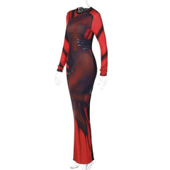 Abstract contrast long sleeve crewneck maxi dress  | red tango dress