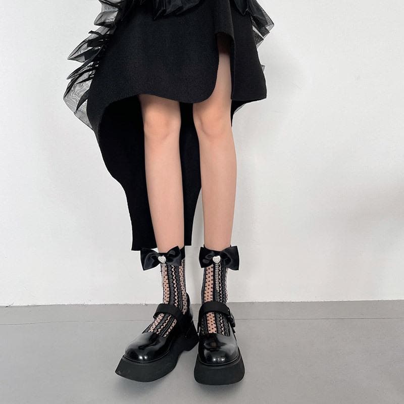 Sheer lace solid bowknot beaded long socks