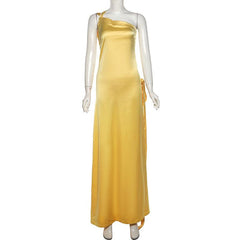 One shoulder satin backless knotted maxi dress