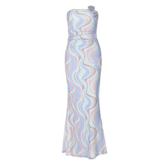 Rose applique ruched contrast mesh tube maxi dress
