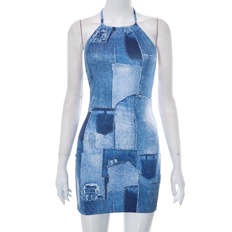 Self tie drawstring halter backless denim print contrast mini dress