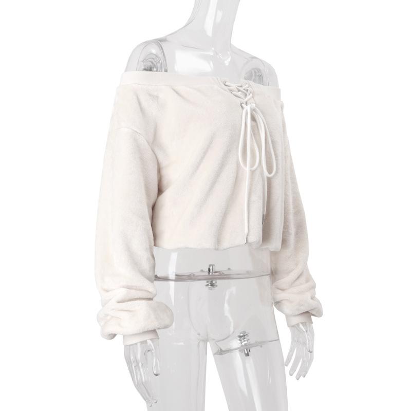 Off shoulder long sleeve fluffy self tie top