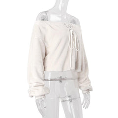 Off shoulder long sleeve fluffy self tie top