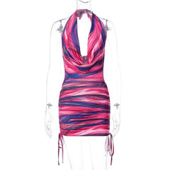 Cowl neck halter contrast drawstring self tie backless mini dress  | red tango dress