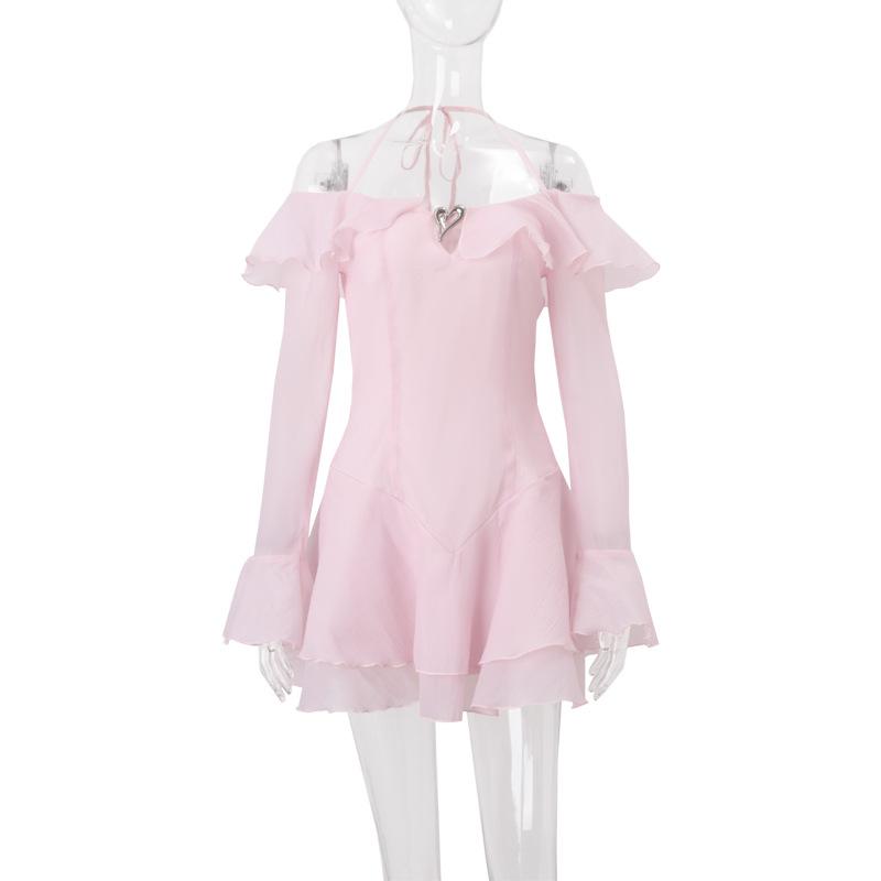 Halter off shoulder long sleeve ruffle metal applique mini dress