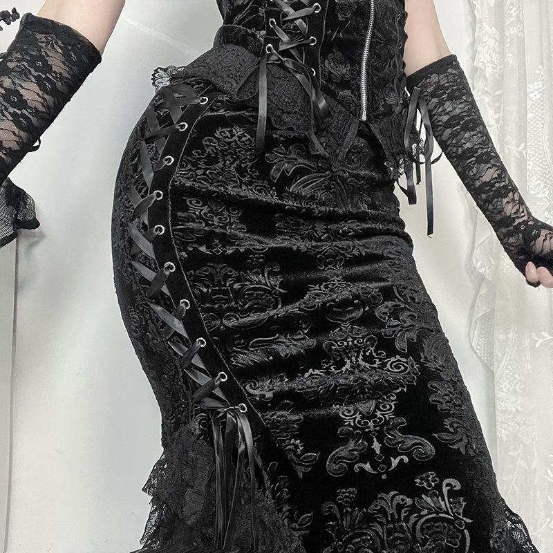 Lace hem lace up zip-up maxi skirt
