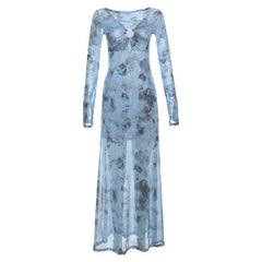 Long sleeve sheer mesh v neck print maxi dress  | samba dress