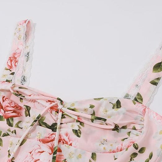 Rose print knotted ruched lace hem cami midi dress
