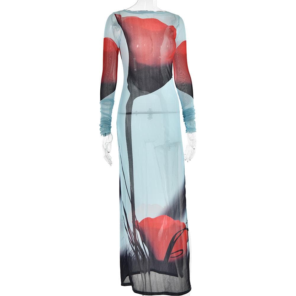 Sheer mesh see through abstract contrast long sleeve slit maxi dress  | samba dress