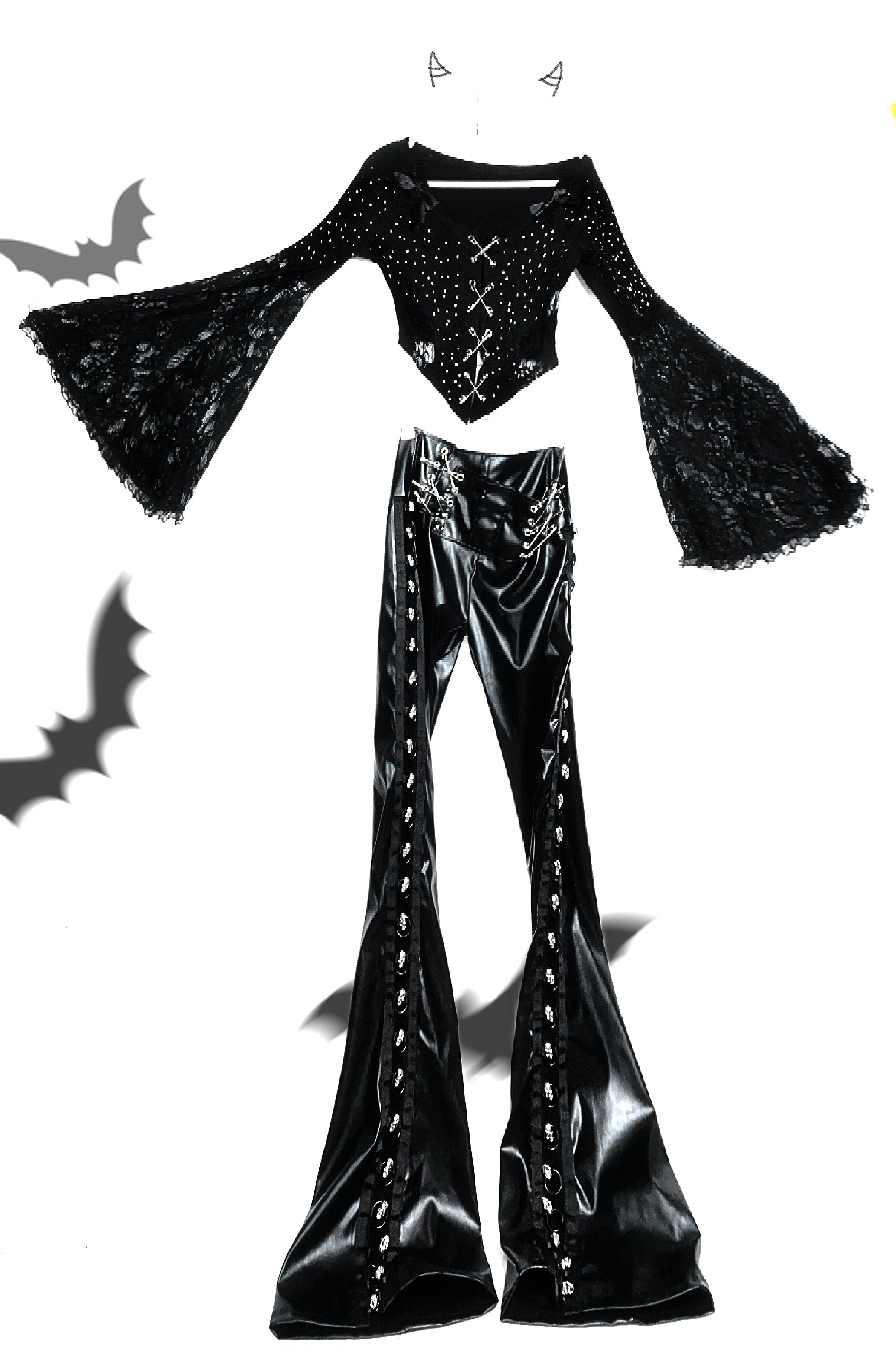 PU leather o ring skull applique pant