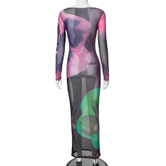 Long sleeve sheer mesh print crewneck maxi dress  | samba dress