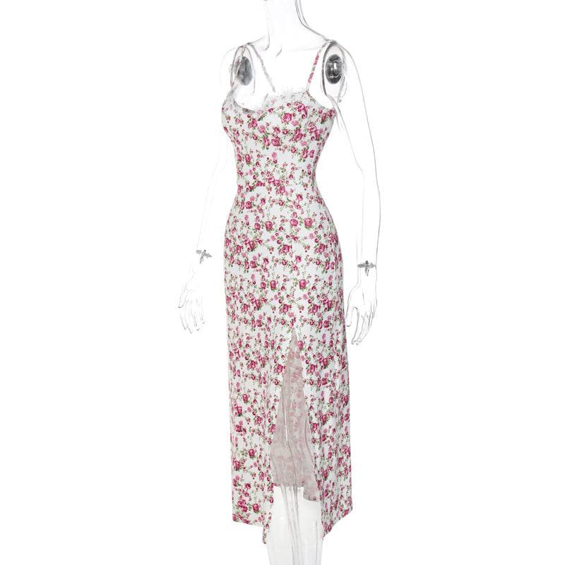 Flower pattern print lace up slit low cut cami midi dress  | red tango dress