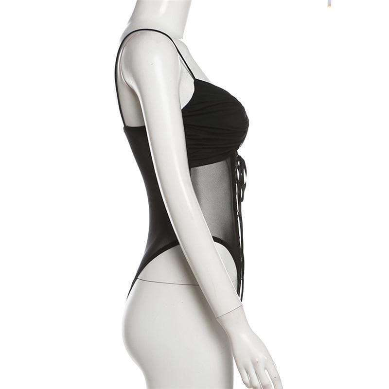 Ruched lace up mesh cami solid bodysuit