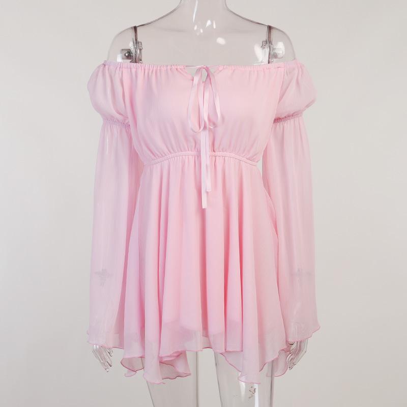 Off shoulder long flared self tie mini dress