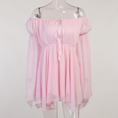 Off shoulder long flared self tie mini dress