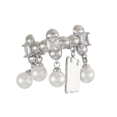 Faux pearl silver adjustable rhinestone ring