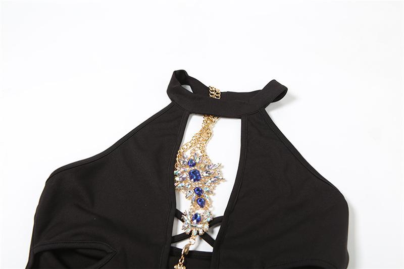 Halter hollow out metal chain gemstone pendant mini dress