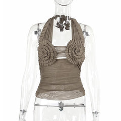 Halter pleated hollow out ruched mesh backless cut out top