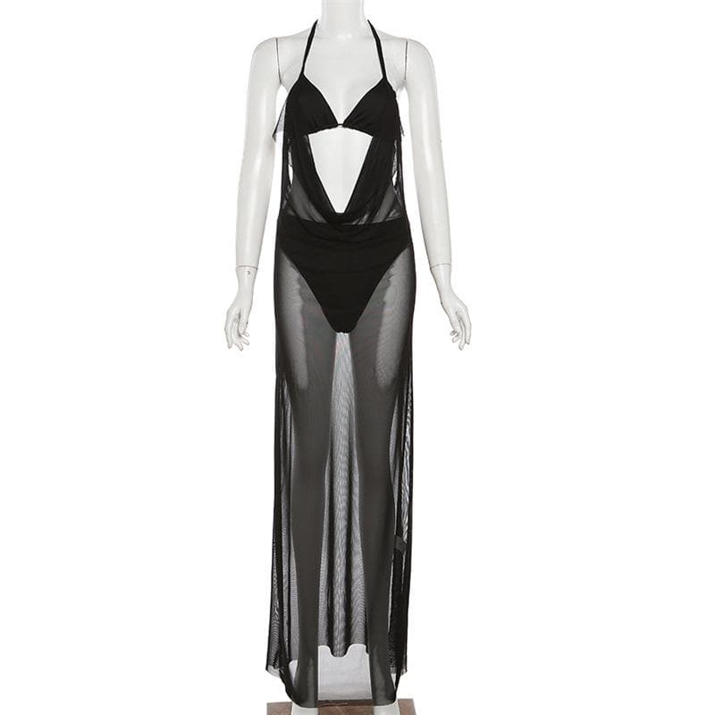 Ruched sheer mesh solid halter self tie backless 3 piece maxi dress  | samba dress