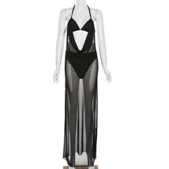Ruched sheer mesh solid halter self tie backless 3 piece maxi dress  | samba dress